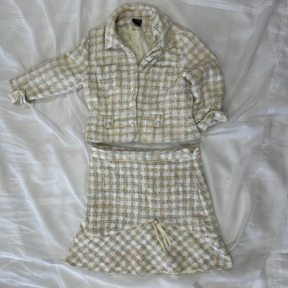 Kenzie Pastel Plaid Tweed Skirt Suit Set Pearl Buttons Size 12